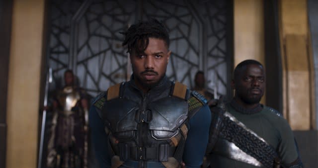 Marvel Studios' BLACK PANTHER..L to R: Erik Killmonger (Michael B. Jordan) and W'Kabi (Daniel Kaluuya)..Ph: Film Frame..©Marvel Studios 2018