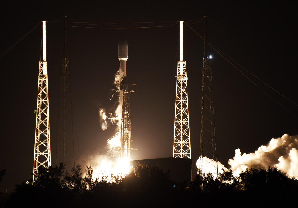 CAPE CANAVERAL, FLORIDA, UNITED STATES - APRIL 7: A SpaceX Falcon 9 rocket carrying the Intelsat 40e communications satellite launches from pad 40 at Cape Canaveral Space Force Station on April 7, 2023 in Cape Canaveral, Florida. Intelsat 40e hosts NASAâs TEMPO (Tropospheric Emissions Monitoring of Pollution instrument), the first space-based instrument to monitor major air pollutants over North America on an hourly basis. (Photo by Paul Hennessy/Anadolu Agency via Getty Images)