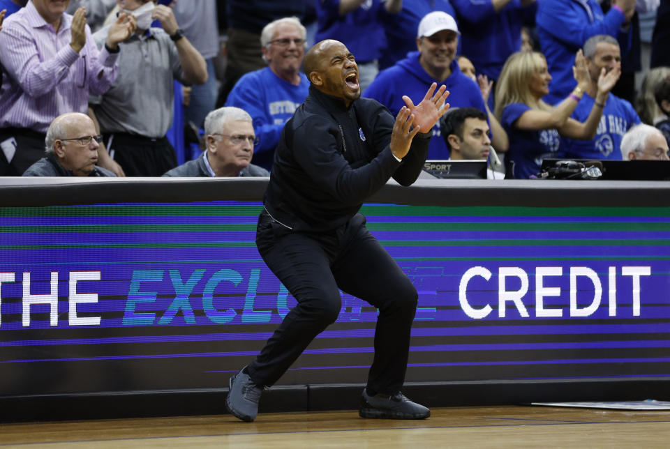 Seton Hall coach Shaheen Holloway reacts after a fouled called in favor of UConn during the second half of an NCAA college basketball game in Newark, N.J., Wednesday, Jan. 18, 2023. Seton Hall won 67-66. (AP Photo/Noah K. Murray)