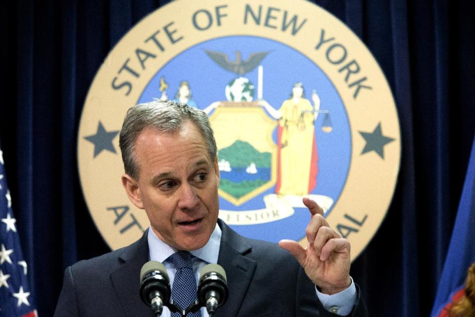 FILE - In this Feb. 11, 2016, file photo, New York Attorney General Eric T. Schneiderman speaks during a news conference in New York. Schneiderman, already a champion of New York's liberal elite, is emerging as a major player in the broader Trump resistance. Backed by one of the nation's largest public law firms and a years-long familiarity with the new president, he may be positioned to challenge Trump's agenda in ways his Democratic allies in Washington cannot. (AP Photo/Mary Altaffer, File)