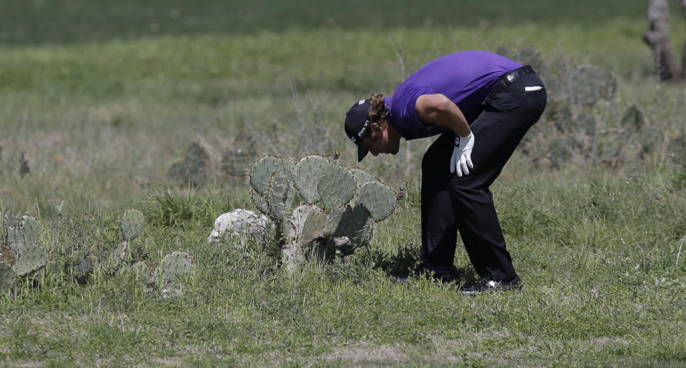 Andrew Loupe looks at his lie on the second hole during the final round of the Texas Open golf tournament on Sunday, March 30, 2014, in San Antonio. (AP Photo/Eric Gay)