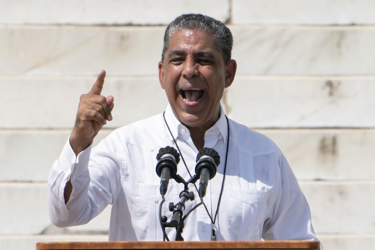 FILE - Rep. Adriano Espaillat, D-N.Y., speaks during the "Commitment March: Get Your Knee Off Our Necks" protest against racism and police brutality, on August 28, 2020, in Washington, DC. 