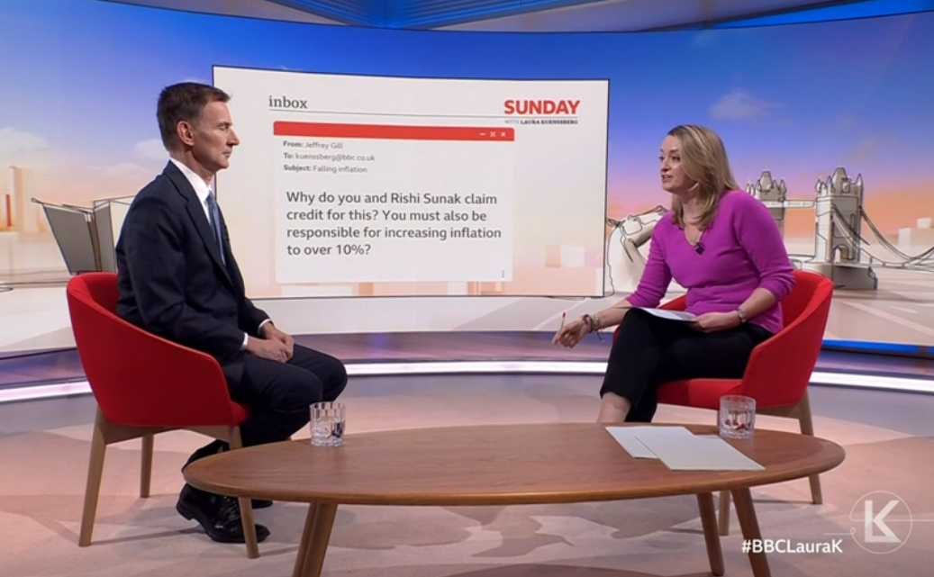 'Why do you and Rishi Sunak claim credit?' Jeremy Hunt faces a question from a viewer on the Sunday with Laura Kuenssberg programe. (BBC)