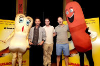 <p>Nick Kroll, Seth Rogen and Evan Goldberg on July 21. <i>(Photo: Eric Charbonneau/Invision for Sony Pictures/AP Images)</i></p>