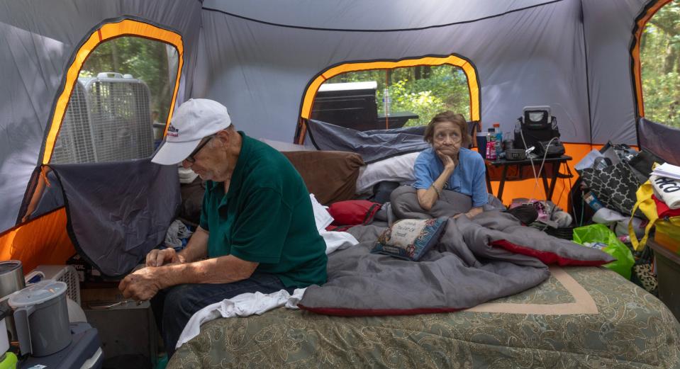 Robert Jamison and wife Frances in their tent in Toms River. Frances suffers from a breathing problem. Homeless camp in the woods in Toms River on August 12, 2023