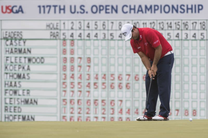 Patrick Reed putt on the 18th green during round 3 of the 117th U.S. Open golf tournament at Erin Hill golf course on June 17 in Erin, Wis. On Oct. 4, 1895, the U.S. Open men's golf tournament was first contested. It was won by Horace Rawlins. File Photo by Kevin Dietsch/UPI