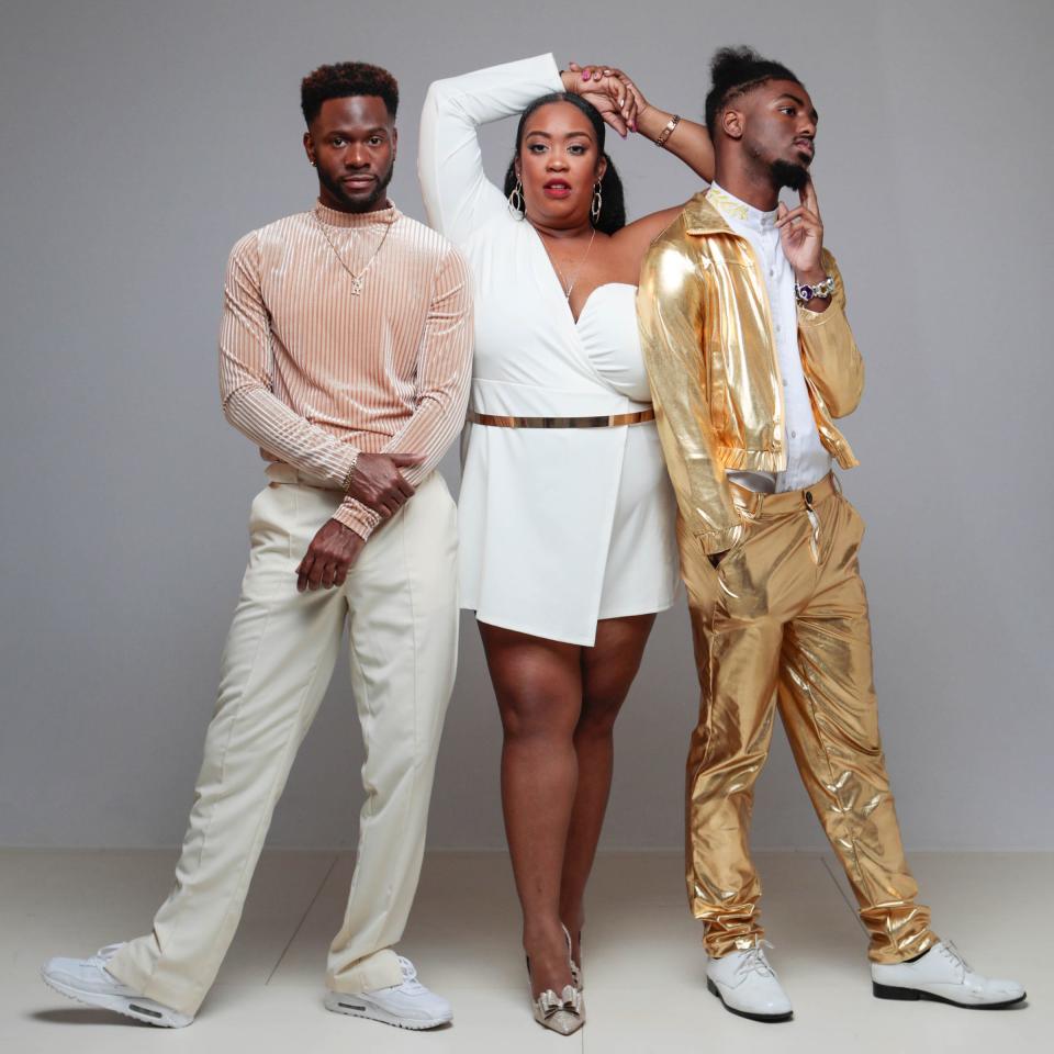 The musical group RAD, performing at Westcoast Black Theatre Troupe’s first Juneteenth Arts Festival, features, from left, Raleigh Mosely II, Ariel Blue and Derric Gobourne Jr.