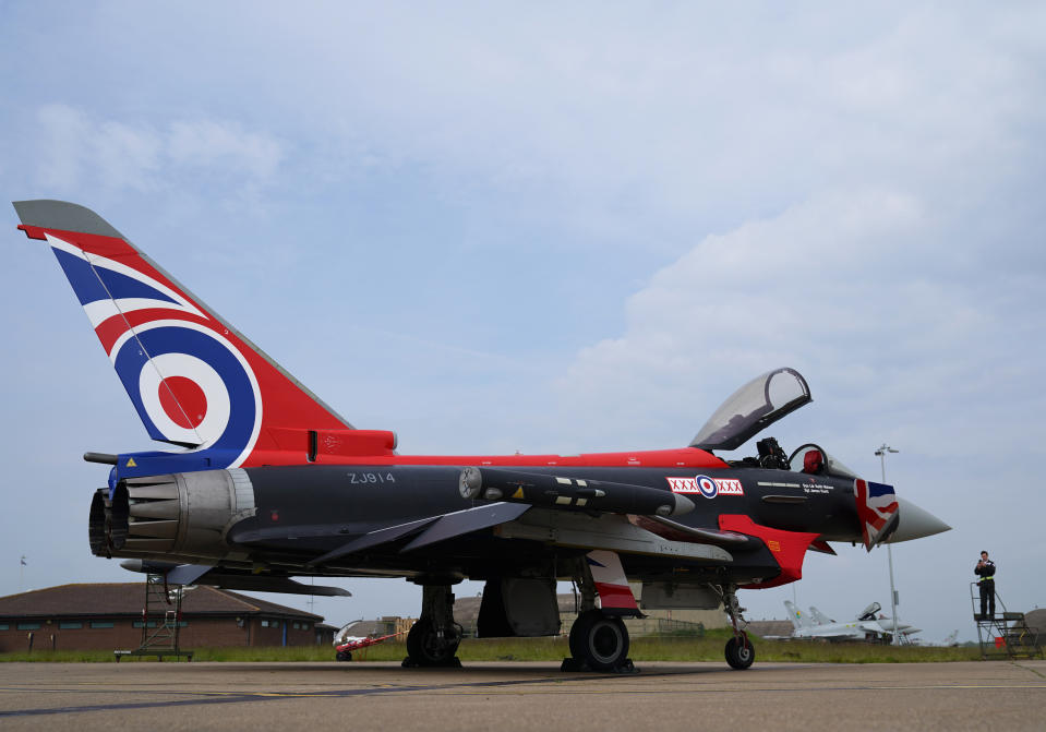 <p>A Eurofighter Typhoon painted with the Union flag design is unveiled at RAF Coningsby in Lincolnshire. Picture date: Friday May 28, 2021.</p>
