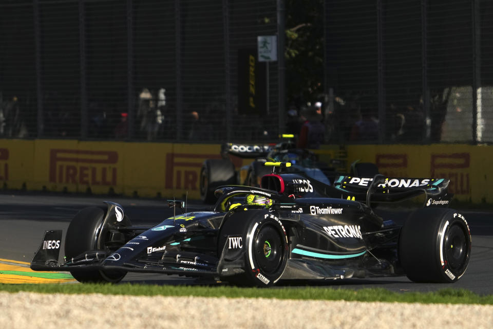 Mercedes driver Lewis Hamilton of Britain races through corner during the Australian Formula One Grand Prix at Albert Park in Melbourne, Sunday, April 2, 2023. (AP Photo/Scott Barbour)