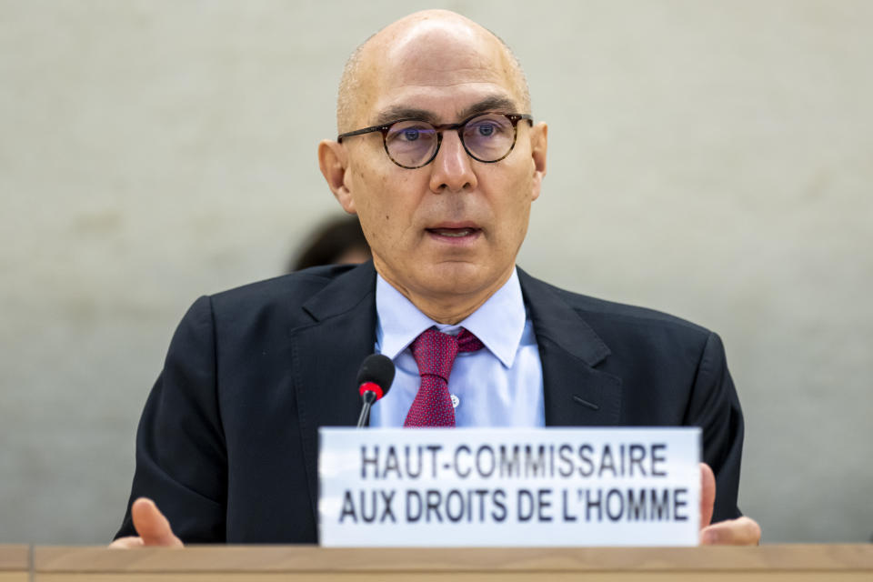 Volker Tuerk, right, UN High Commissioner for Human Rights, speaks during a special Human Rights Council session at the European headquarters of the United Nations in Geneva, Switzerland, Thursday, Nov. 24, 2022. (Martial Trezzini/Keystone via AP)