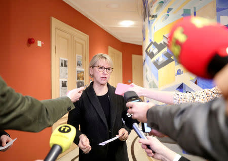 Sweden's Foreign Minister Margot Wallstrom comments a meeting with North Korean Foreign Minister Ri Yong Ho, in the Swedish house of parliament in Stockholm, Sweden March 16, 2018. TT News Agency/Soren Andersson via REUTERS