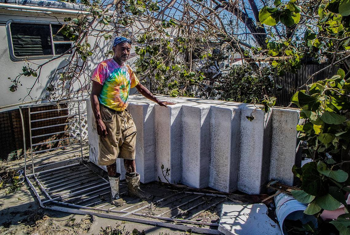 Shawn Hunte, a resident at Sunnyland Court Mobile Home Park in San Carlos Island, talks about grabbing onto a floating fiberglass staircase as Hurricane Ian hit Florida’s west coast as a Category 4 storm on Sept. 28, 2022.