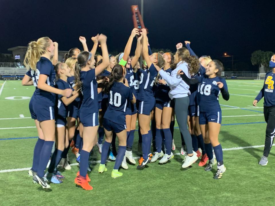 Boca Raton girls soccer celebrates its Class 7A-District 11 championship on Thursday night in Boca Raton.