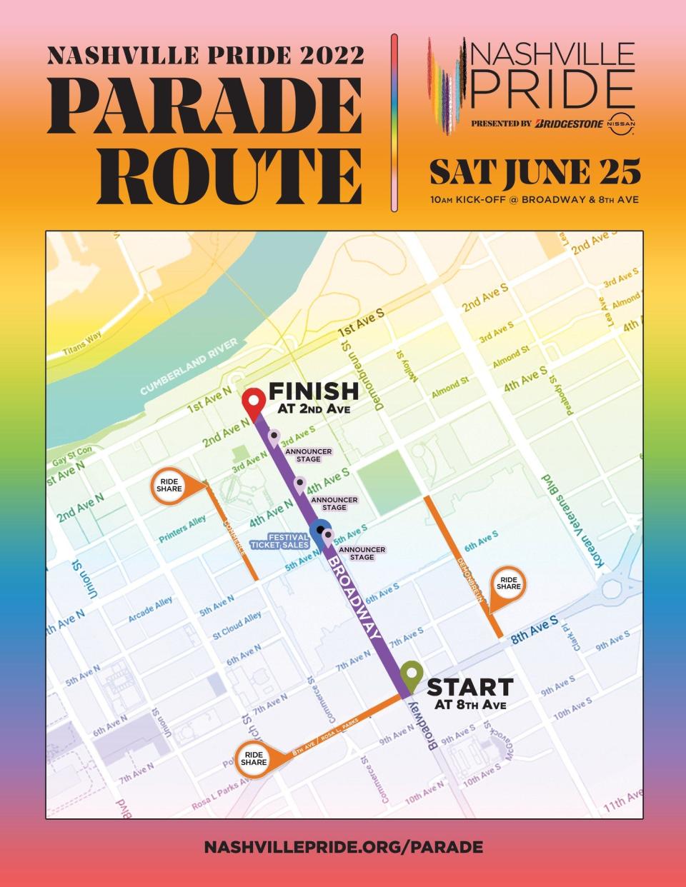 The Nashville Pride 2022 Parade route starts at Broadway and Eighth Avenue and finishes at Second Avenue.