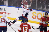 Washington Capitals center Connor McMichael, center rear, celebrates a goal during the first period of an NHL hockey game against the Florida Panthers, Tuesday, Nov. 30, 2021, in Sunrise, Fla. (AP Photo/Wilfredo Lee)