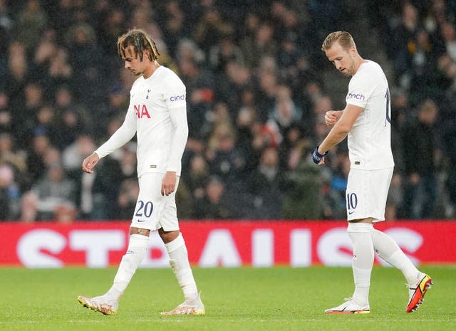 Dele Alli, left, and Harry Kane leave the field after the Europa Conference League game against NS Mura