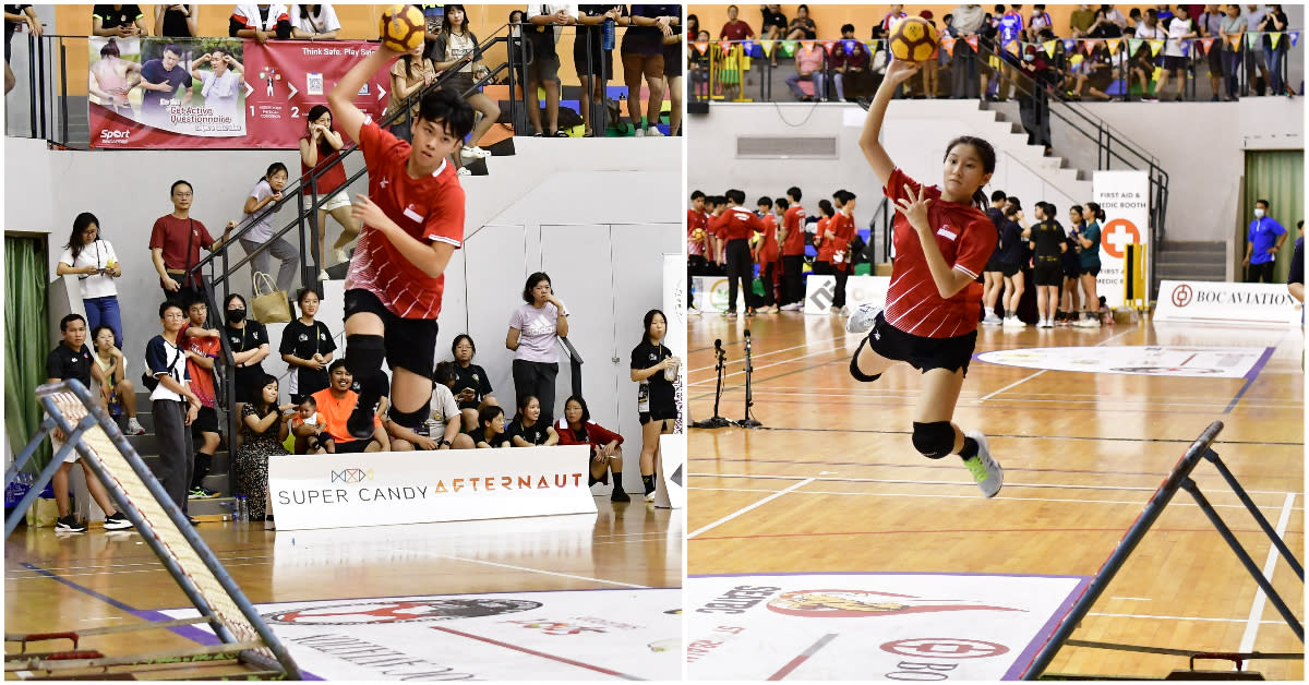 Singapore's boys U-15 team (left) and girls' U-18 team clinched gold medals at the World Youth Tchoukball Championships, held at Pasir Ris Recreation Centre. (PHOTO: Tchoukball Association of Singapore)