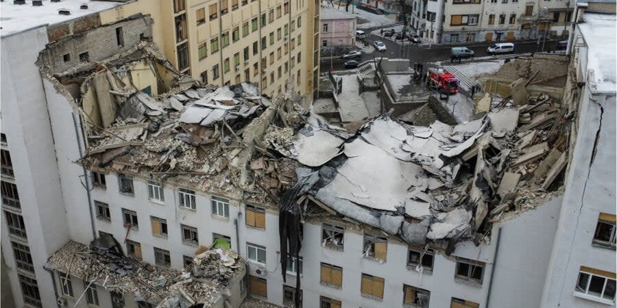 The building of the National University of Municipal Economy in the center of Kharkiv, heavily damaged by a Russian missile strike, February 5