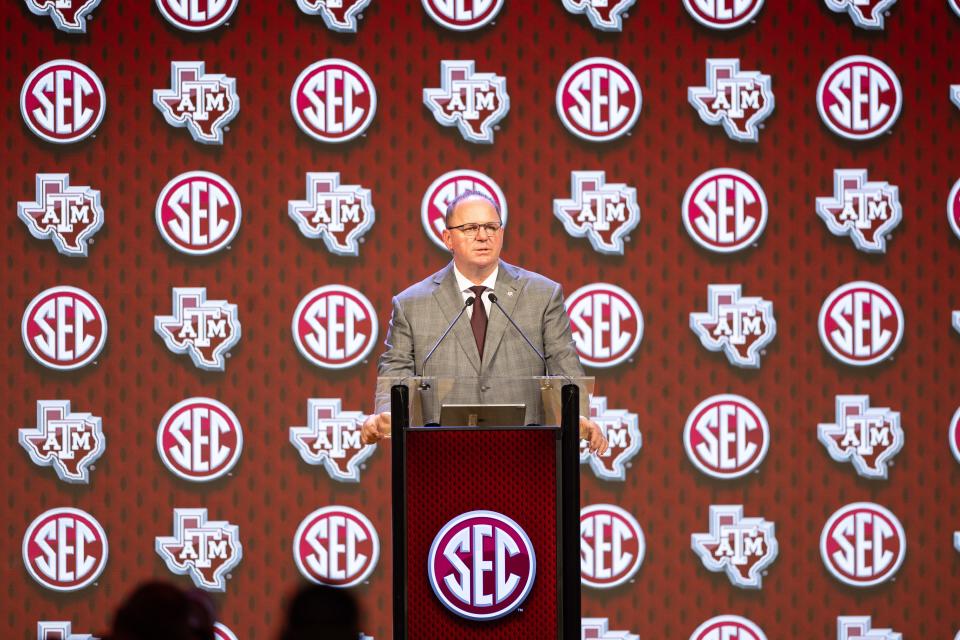 Jul 18, 2024; Dallas, TX, USA; Texas A&M head coach Mike Elko speaking at Omni Dallas Hotel. Mandatory Credit: Brett Patzke-USA TODAY Sports