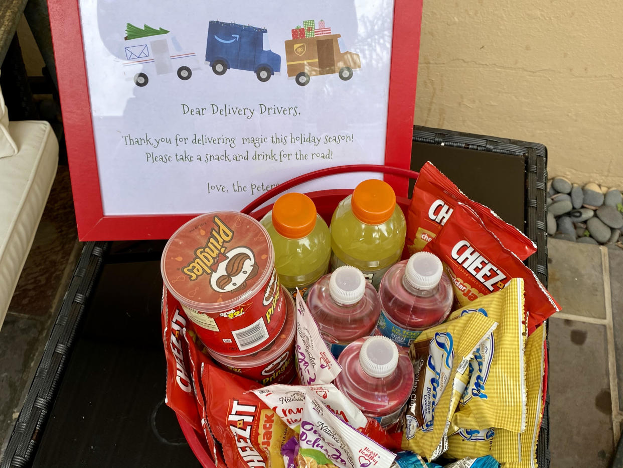 Yahoo Life editor Terri Peters created a snack basket for delivery drivers with her kids last holiday season. (Photo: Terri Peters)