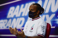 Mercedes driver Lewis Hamilton of Britain participates in a media conference prior to the Bahrain Formula One Grand Prix at the International Circuit in Sakhir, Bahrain, Thursday, Nov. 26, 2020. The Bahrain Formula One Grand Prix will take place on Sunday. (Mario Renzi, Pool via AP)