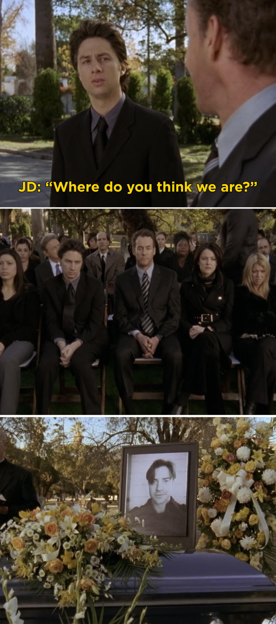 Man asks another, "Where do you think we are?" and they're at a funeral