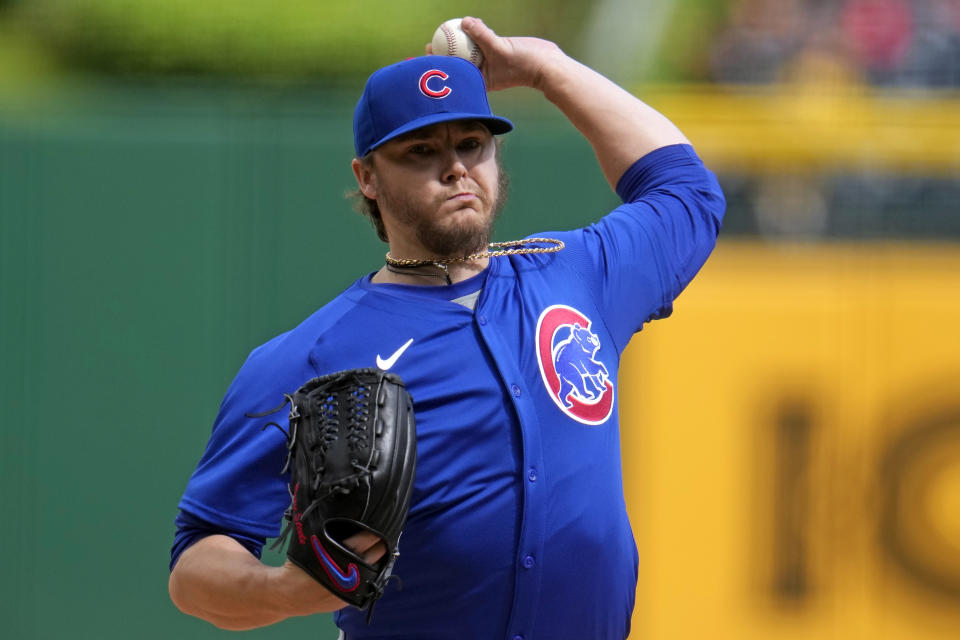 Chicago Cubs starting pitcher Justin Steele delivers during the first inning of a baseball game against the Pittsburgh Pirates in Pittsburgh, Saturday, May 11, 2024. (AP Photo/Gene J. Puskar)