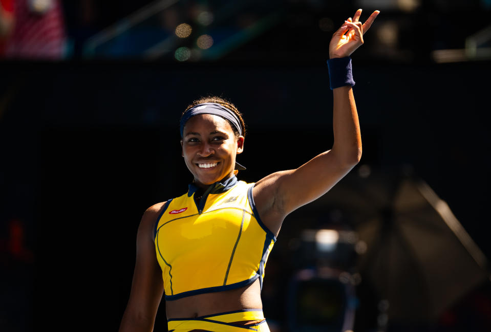 Coco Gauff celebrates.