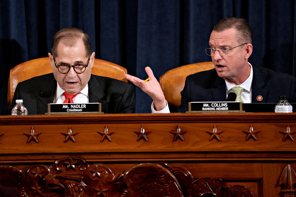 Representative Jerry Nadler, a Democrat from New York and Chairman of the House Judiciary Committee and Ranking Member Representative Doug Collins, a Republican from Georgia, speak during a hearing in Washington, D.C., U.S., on Thursday, Dec. 12, 2019. (Photo: Andrew Harrer/Pool via Reuters)