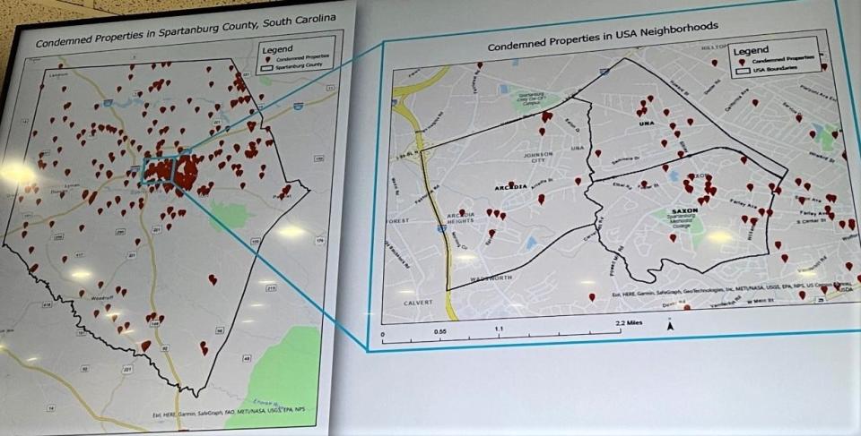 The red dots show the locations of condemned properties in Spartanburg County, left, and in the Arcadia, Saxon and Una neighborhoods at right.