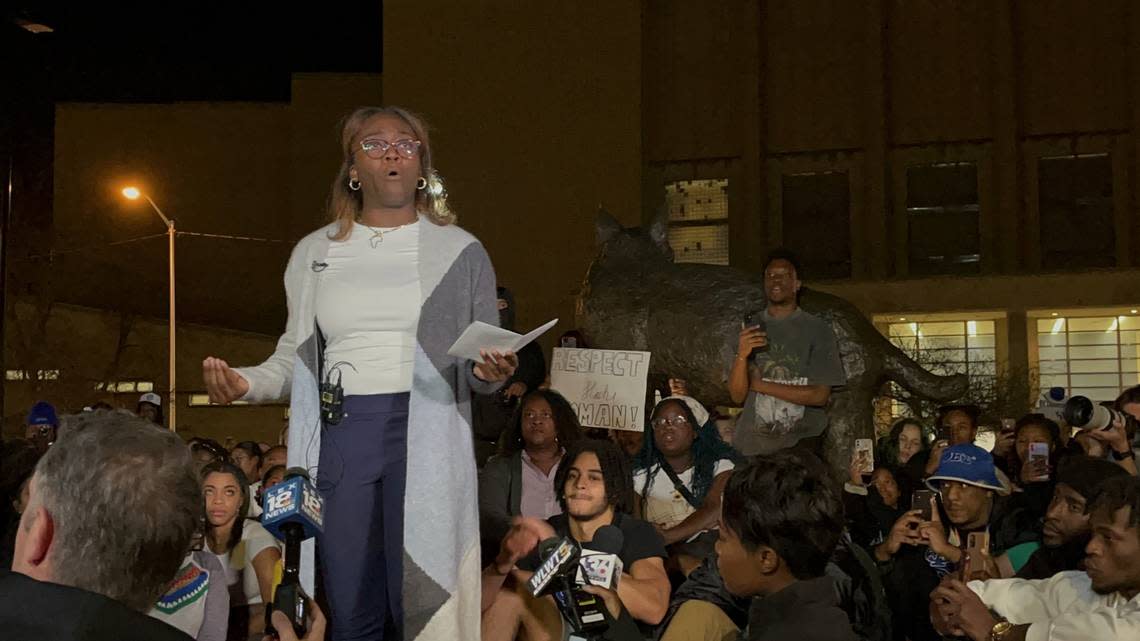 Kylah Spring speaks at a march against racism on University of Kentucky’s campus on Nov. 7, 2022.