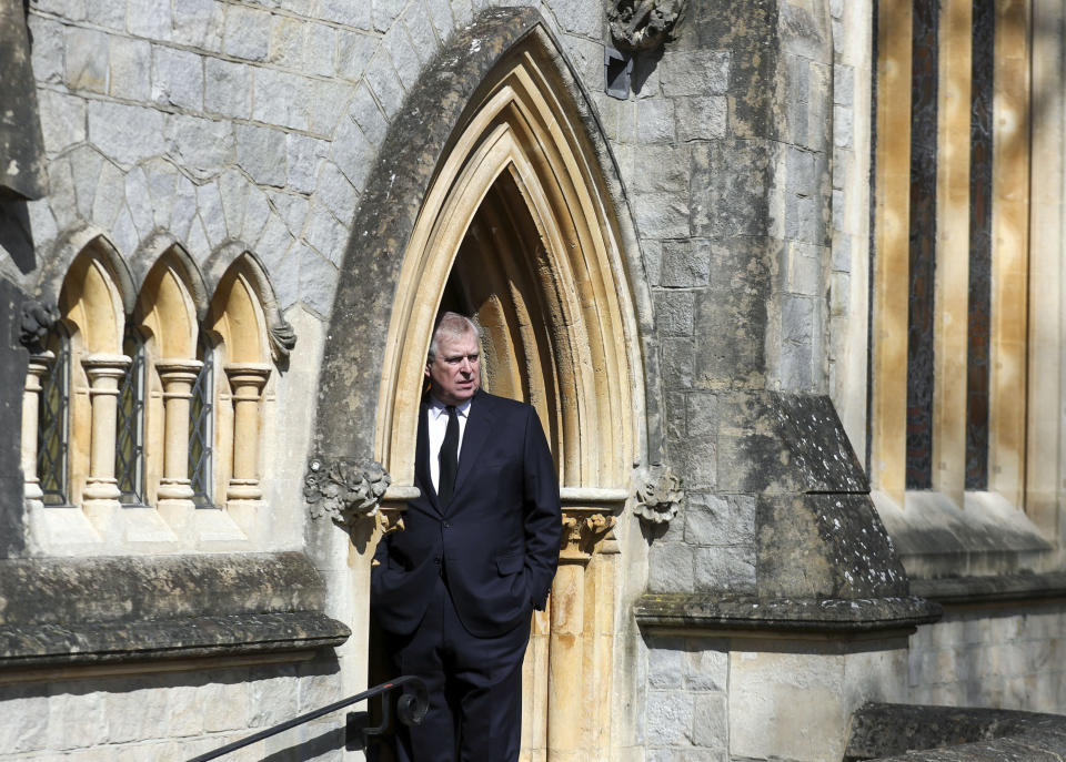 FILE - Britain's Prince Andrew attends the Sunday service at the Royal Chapel of All Saints at Royal Lodge, Windsor, following the death announcement of his father, Prince Philip, in England, Sunday, April 11, 2021. U.S. District Judge Lewis A. Kaplan gave the green light Wednesday, Jan. 12, 2022 to a lawsuit against Prince Andrew by Virginia Giuffre, who says he sexually abused her when she was 17. (Steve Parsons/Pool Photo via AP, File)