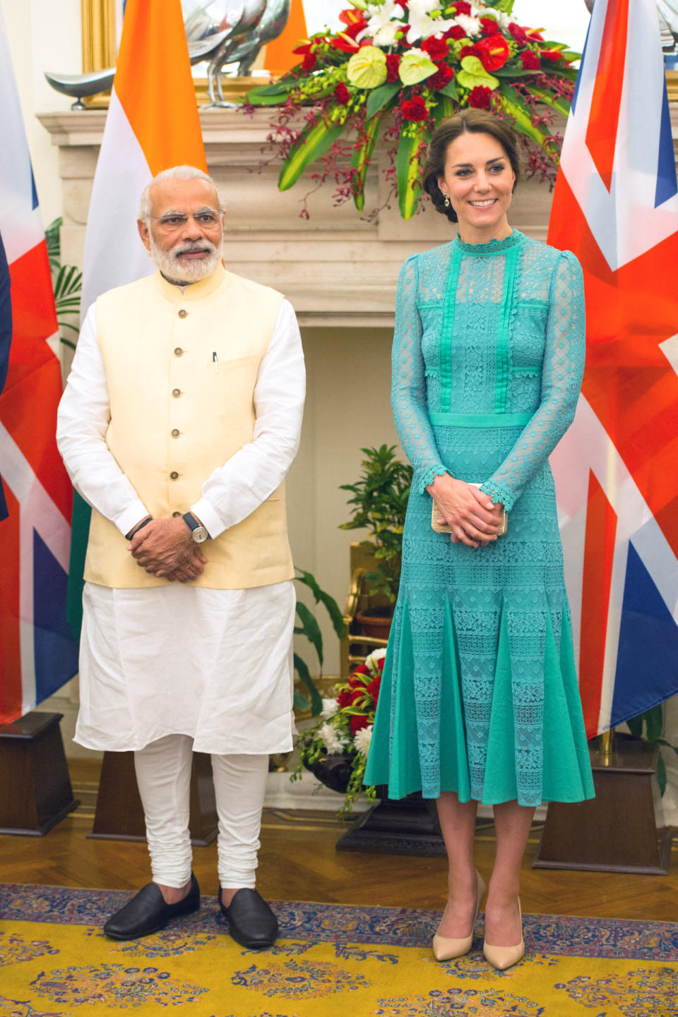 <p>The Duchess donned a high-necked mint Temperley London dress for a lunch with India’s Prime Minister. Nude L.K. Bennett accessories polished off the look. </p><p><i>[Photo: PA]</i></p>