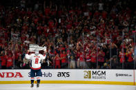 <p>LAS VEGAS, NV – JUNE 07: Alex Ovechkin #8 of the Washington Capitals celebrates with the Stanley Cup after defeating the Vegas Golden Knights in Game Five of the Stanley Cup Final during the 2018 NHL Stanley Cup Playoffs at T-Mobile Arena on June 7, 2018 in Las Vegas, Nevada. (Photo by Jeff Bottari/NHLI via Getty Images) </p>