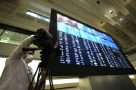 A TV crew films an electronic stock board showing reopened Japan's Nikkei 225 index at Tokyo Stock Exchange in Tokyo Friday, Oct. 2, 2020. Tokyo's market resumed trading Friday after a full-day outage due to a malfunction in its computer systems. (AP Photo/Eugene Hoshiko)