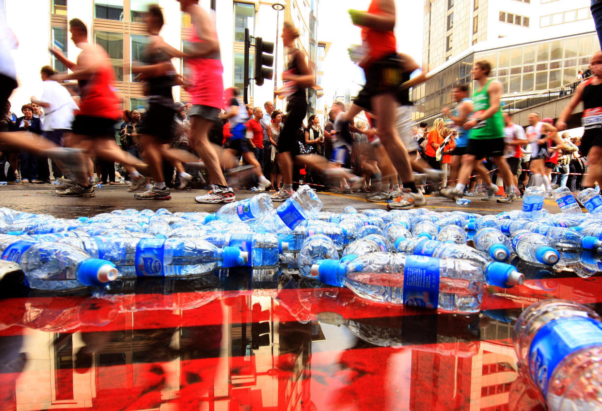 Empty Water bottle during the 2010 Virgin London Marathon, London.