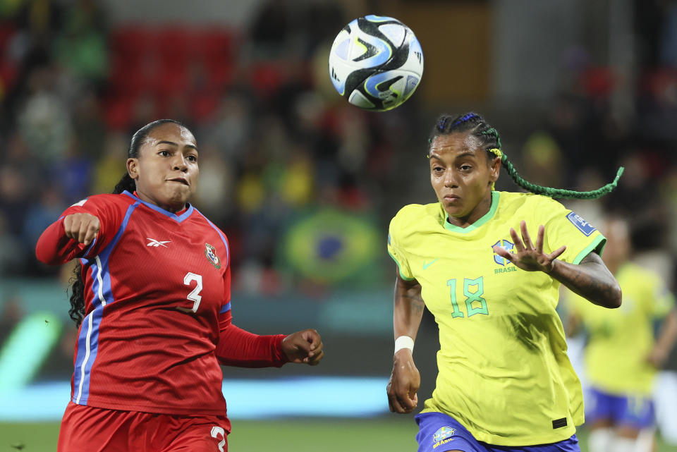 Panama's Wendy Natis, left, and Brazil's Geyse compete for the ball during the Women's World Cup Group F soccer match between Brazil and Panama in Adelaide, Australia, Monday, July 24, 2023. (AP Photo/James Elsby)