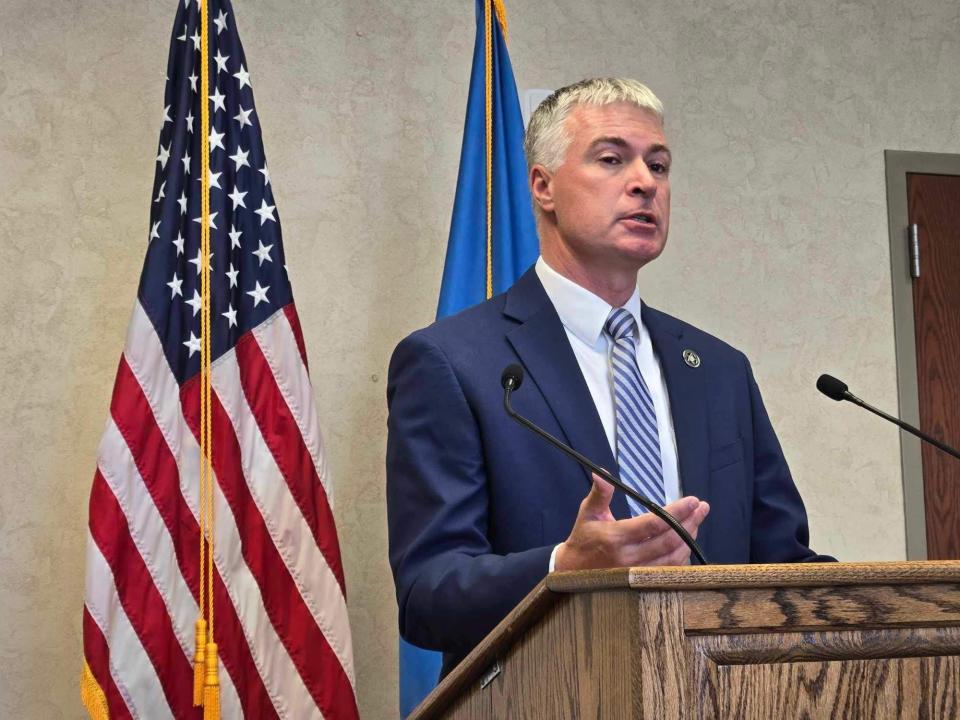 South Dakota Attorney General Marty Jackley talks to reporters, out-of-frame, Tuesday, April 23, 2024, at the Police Law Enforcement Center in Sioux Falls. The Attorney General's Office announced the state filed charges against an inmate who assaulted two correctional officers and 10 other prison clients involved in subsequent "disturbances" at the South Dakota State Penitentiary.