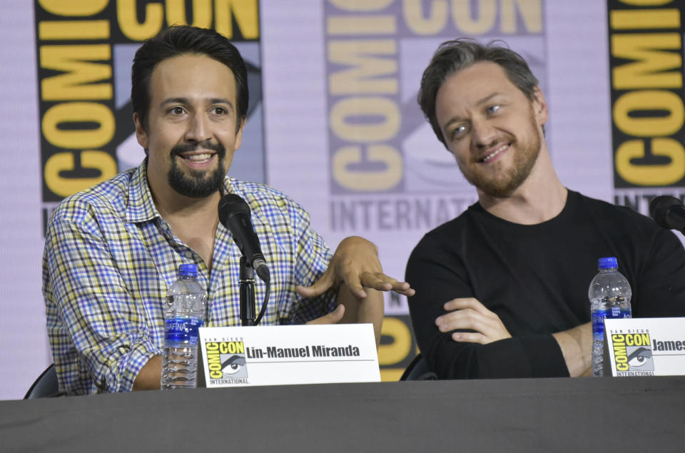 Lin-Manuel Miranda, left, and James McAvoy participate in the "His Dark Materials" panel on day one of Comic-Con International on Thursday, July 18, 2019, in San Diego. (Photo by Richard Shotwell/Invision/AP)