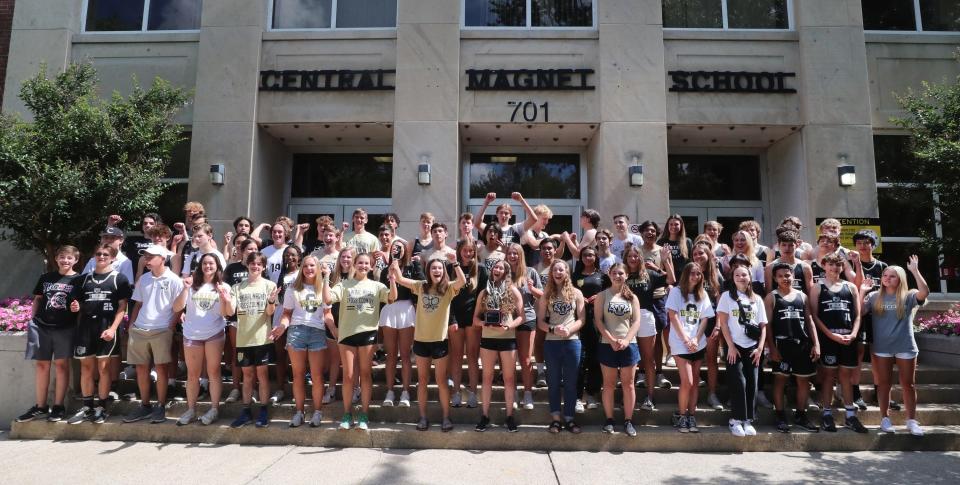 Central Magnet School athletes celebrate receiving The 2023 Daily News Journal Sports Award in front of their school on Thursday, June 15, 2023.