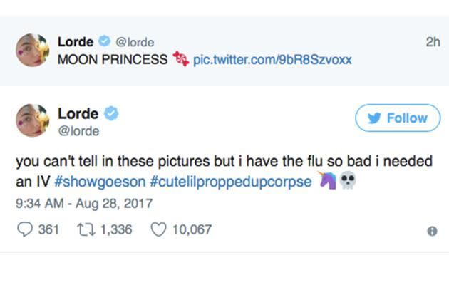 Lorde was sick with a terrible flu. Source: Twitter.