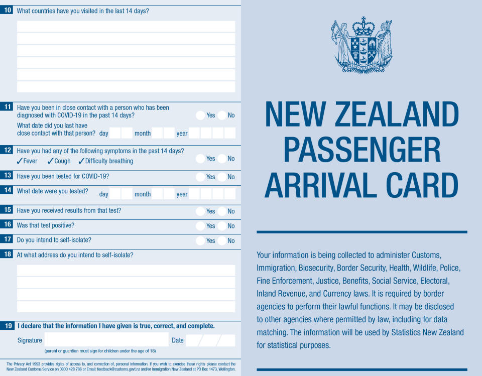 A New Zealand Passenger Arrival Card asks people to declare COVID-19 symptoms and illness.