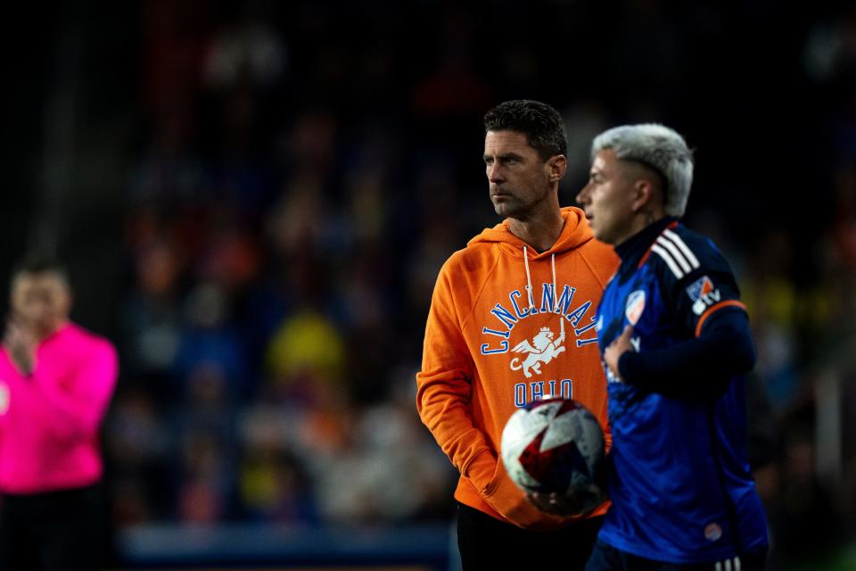 FC Cincinnati head coach Pat Noonan stands in the players box in the second half of the MLS Eastern Conference Final match between FC Cincinnati and Columbus Crew at TQL Stadium in Cincinnati on Saturday, Dec. 2, 2023.