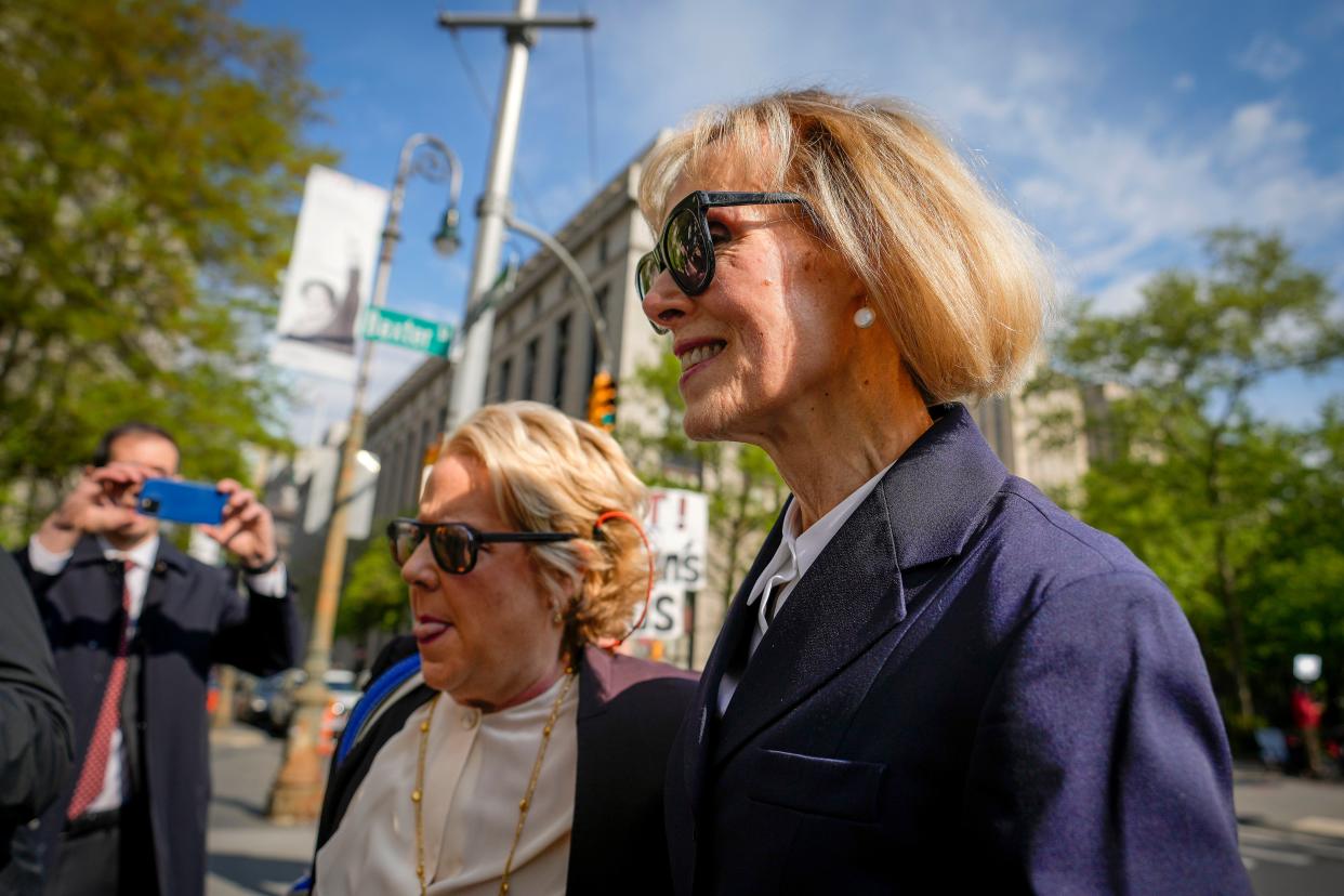 Former advice columnist E. Jean Carroll arrives to Manhattan federal court, Wednesday, April 26, 2023, in New York (AP)