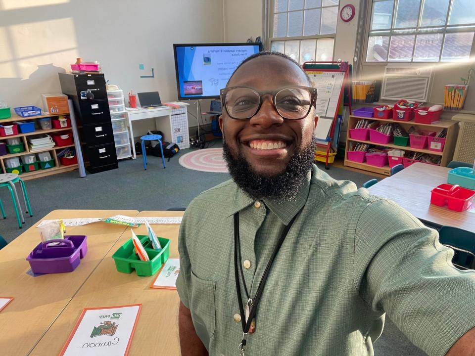 Ashton Holmes celebrates the first day of the 2023-2024 school year in Dayton, Ohio, where he works as a fluency tutor for kindergarten and first grade. He also works part time as a Beyond D&I facilitator.