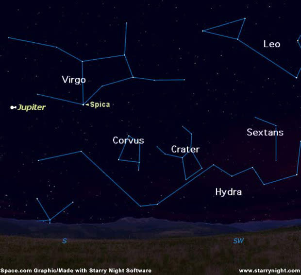 Sky map showing the locations of the constellations Hydra, Corvus (the Crow) and Crater (the Cup).