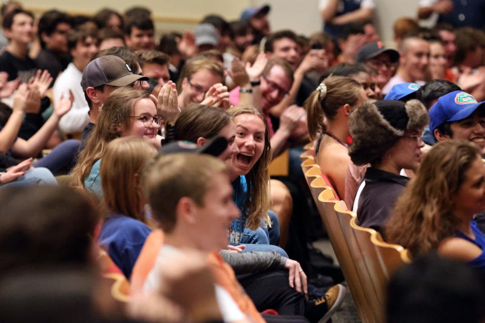 Attendees of the Ben Shapiro at the University of Florida event react to Shapiro stating "I'm circumcized and my d*** works just fine" in response to an audience member's question, Wednesday, Oct. 18, 2023.