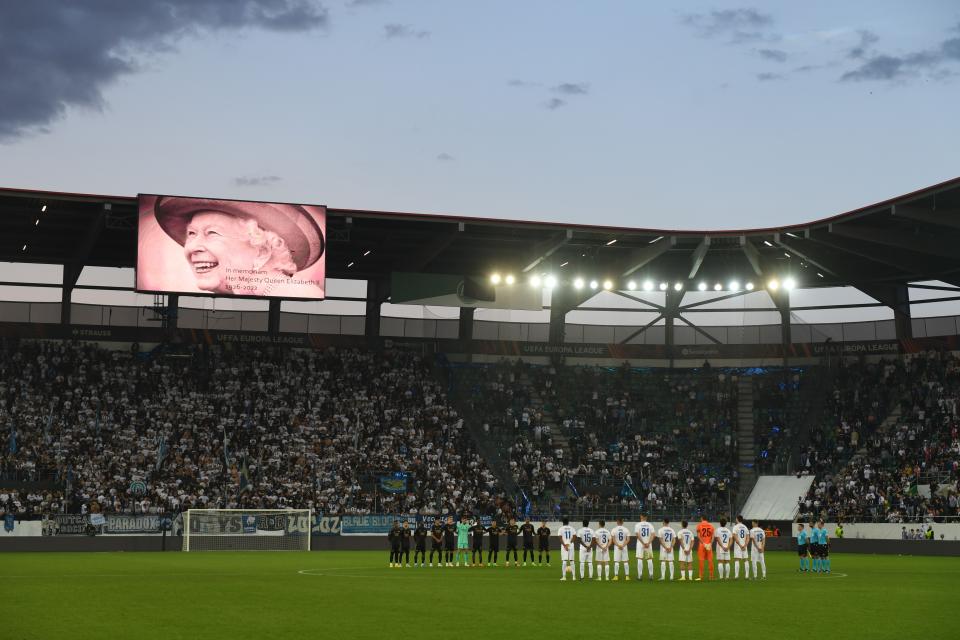 ST GALLEN, SWITZERLAND - SEPTEMBER 08: A minutes silence for HRH Queen Elizabeth at half time during the UEFA Europa League group A match between FC Zürich and Arsenal FC at Kybunpark on September 08, 2022 in St Gallen, Switzerland. (Photo by Stuart MacFarlane/Arsenal FC via Getty Images)