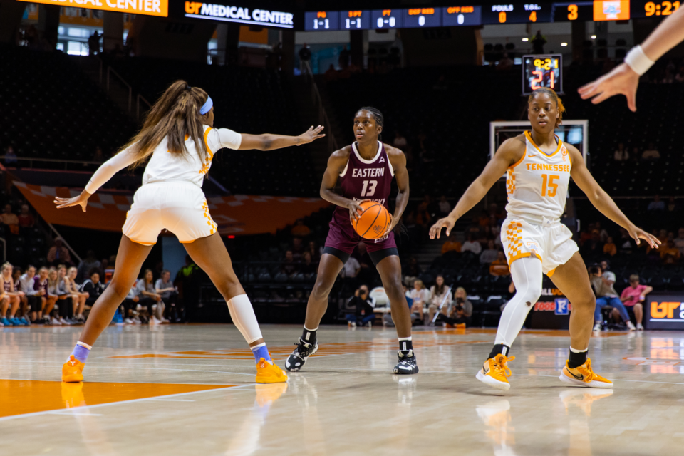 Eastern Kentucky University women’s basketball star Antwainette Walker (13) averaged 21.0 points, 9.4 rebounds, 2.5 assists, and 2.1 steals during the 2022-23 season. EKU Athletics