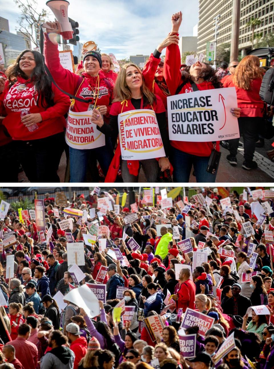 A vertical diptych of, at the top, people dressed mostly in red march in a rally, and on the bottom, a wide view of a crowd.